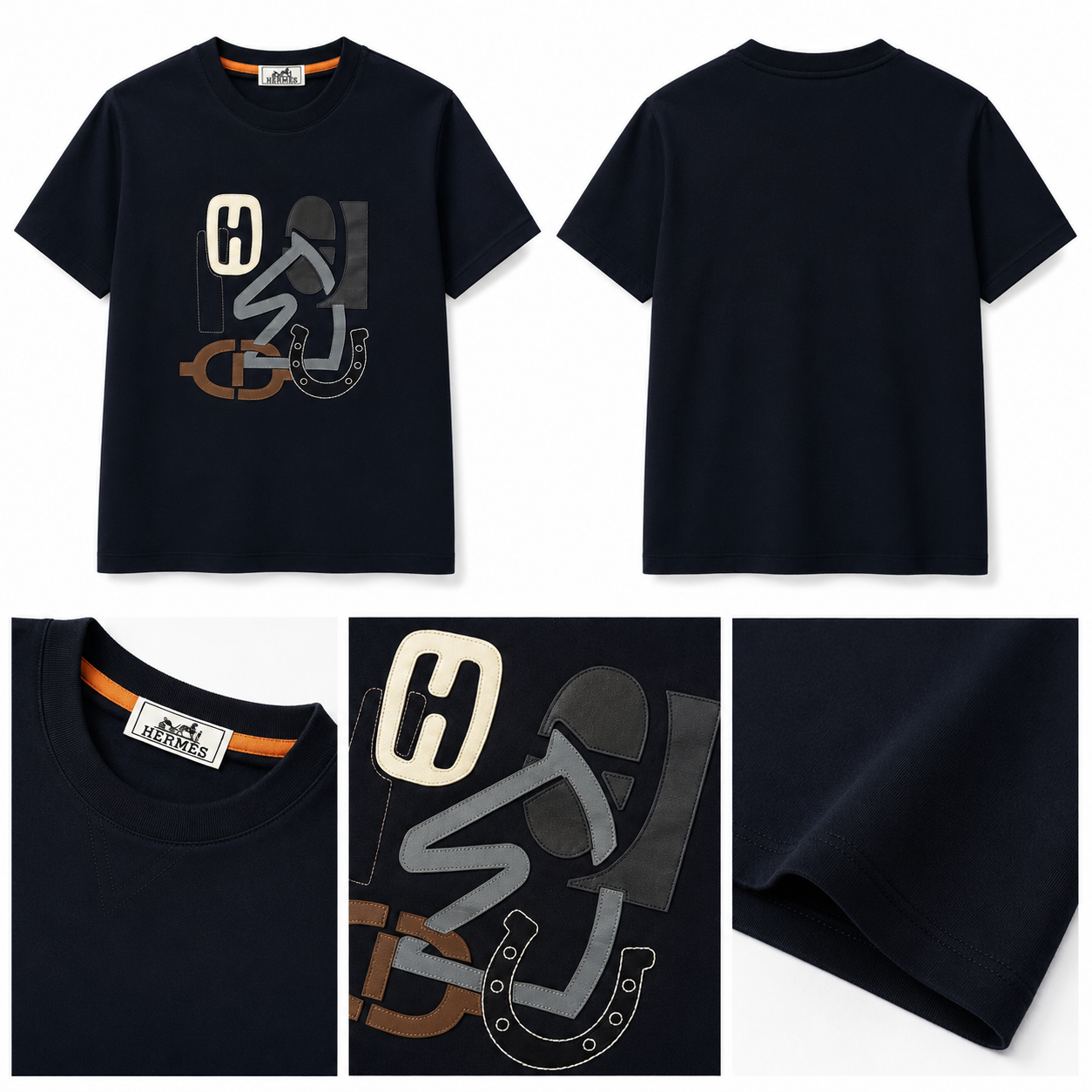 Leather Appliqué Graphic T-Shirt – Navy