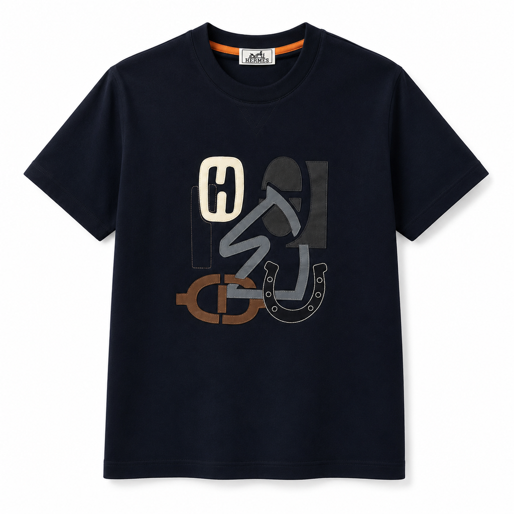 Leather Appliqué Graphic T-Shirt – Navy