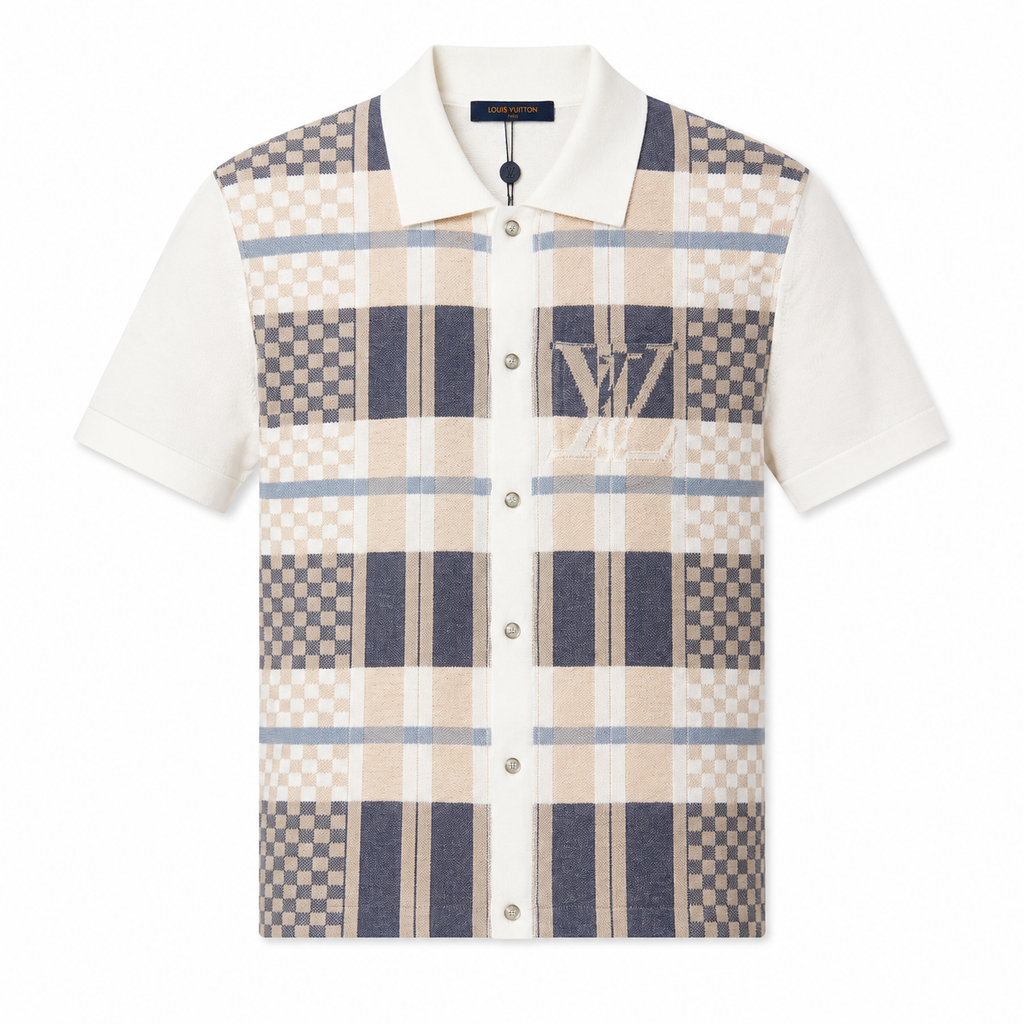 1V-Check Knit Shirt – Beige & Blue