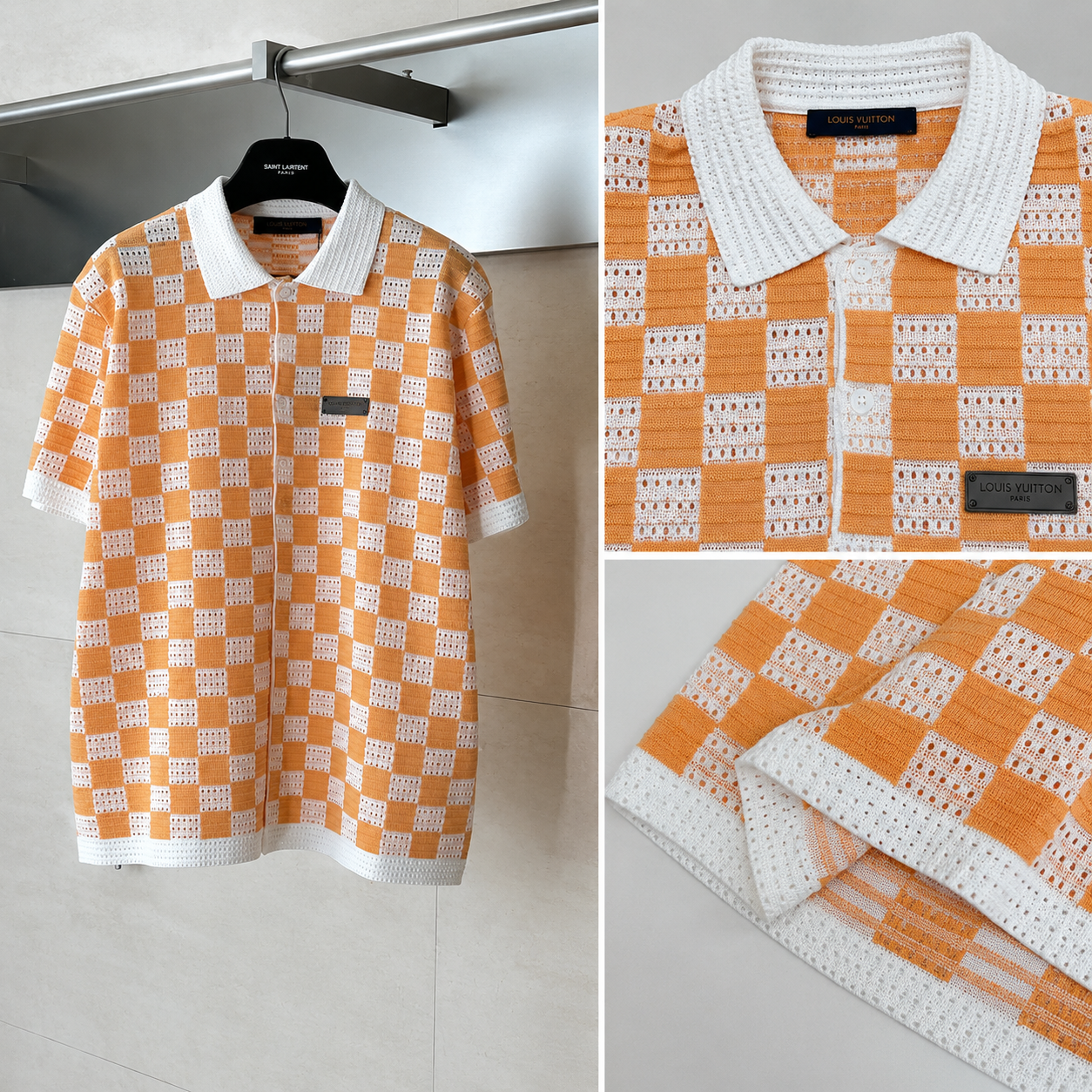 1V Checkerboard Knit Polo – Orange / White