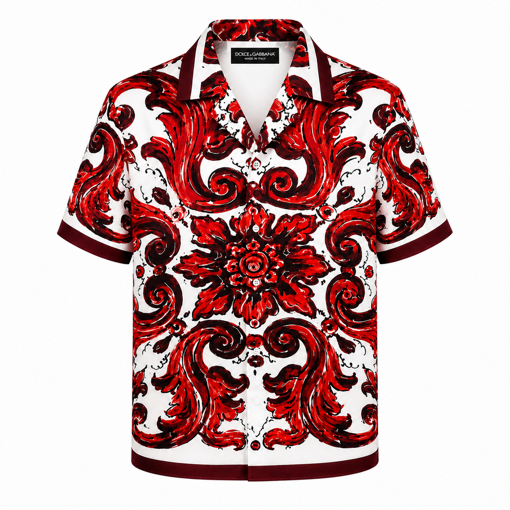 Dolce & Gabbana Red Baroque Silk-Feel Shirt