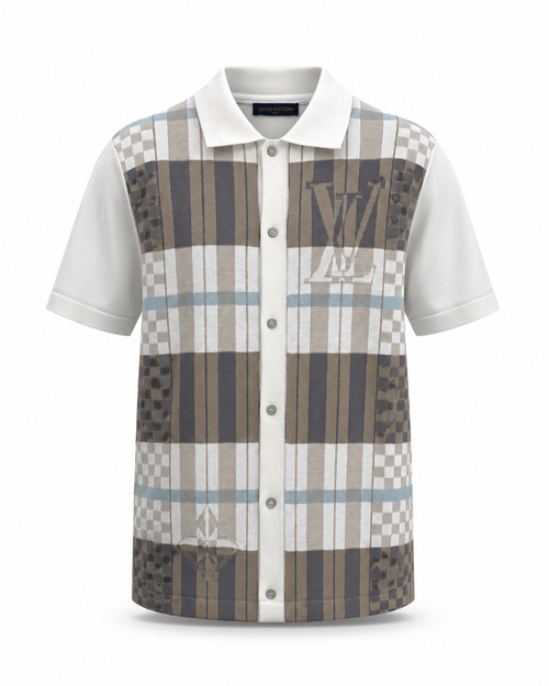 1V-Check Knit Shirt – Beige & Blue