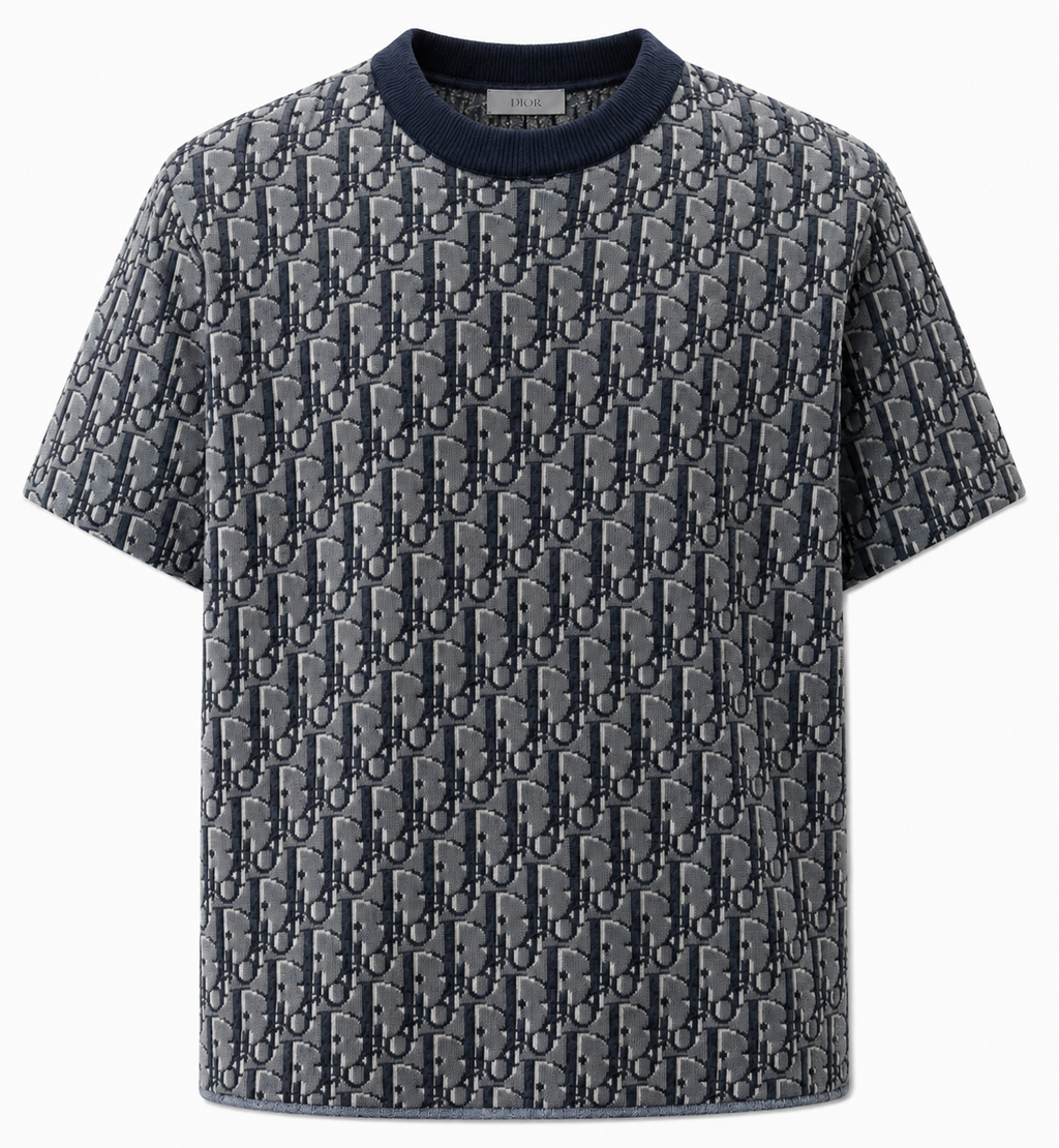 Oblique Knit T-Shirt – Grey/Navy