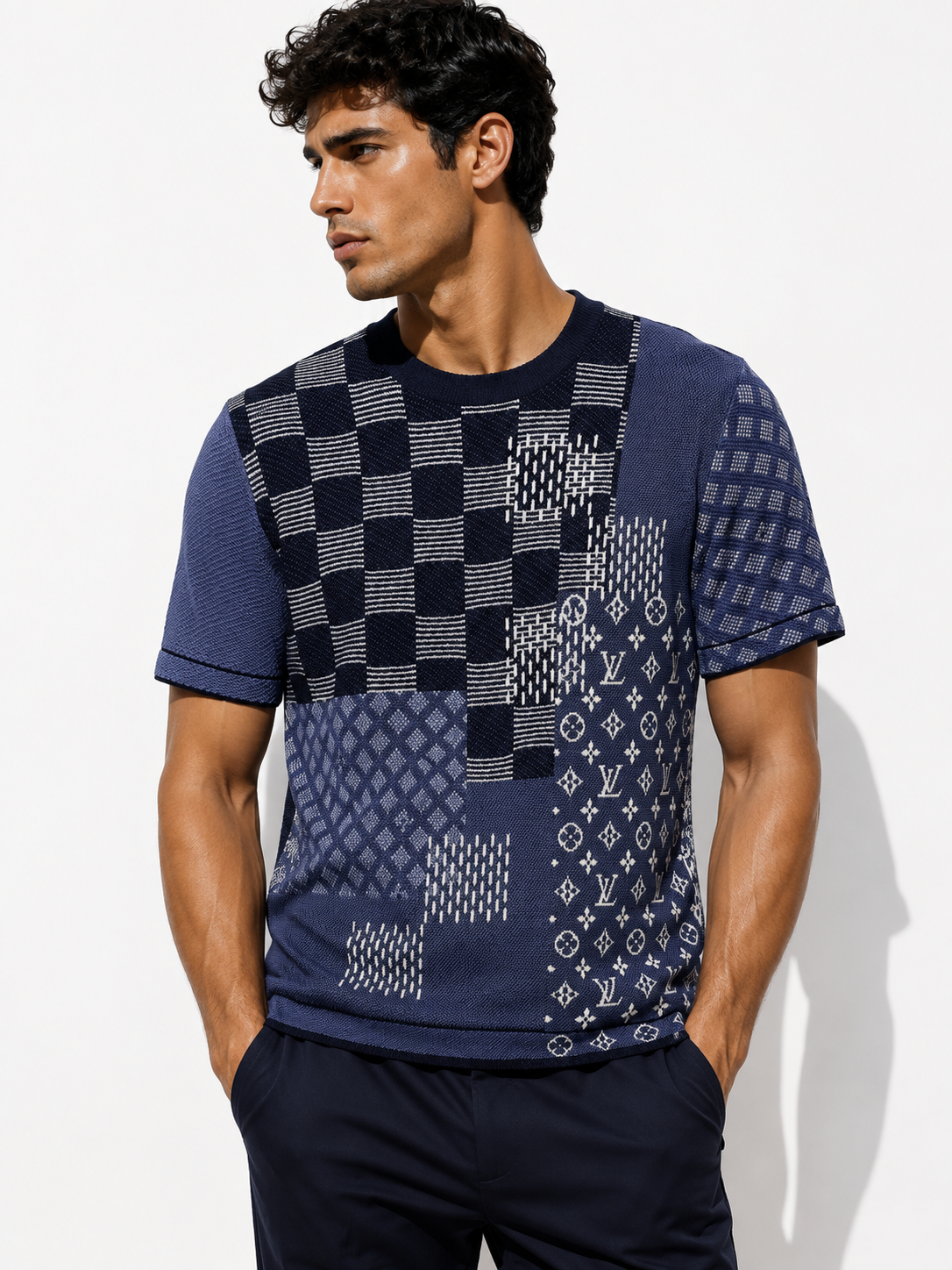 1V - Patchwork Knit T-Shirt – Navy