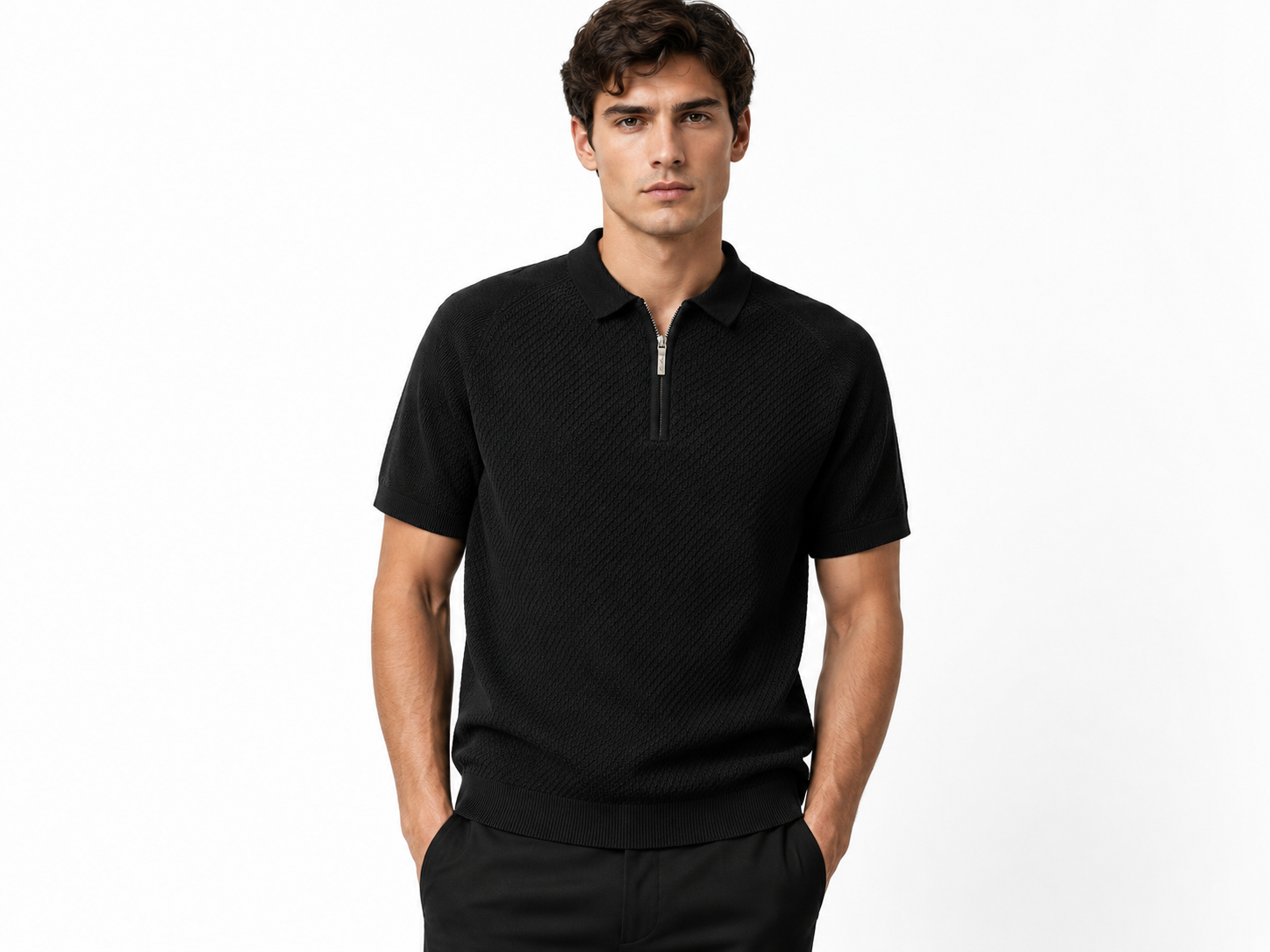 Loro Piana Black Knit Zip Polo