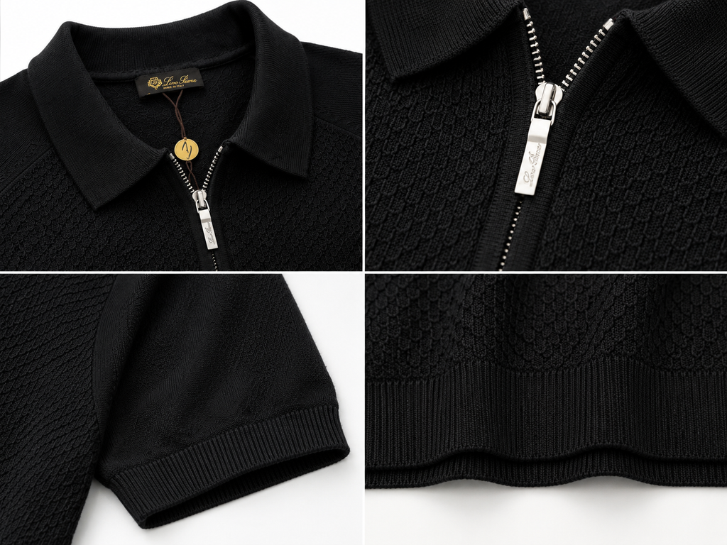 Loro Piana Black Knit Zip Polo