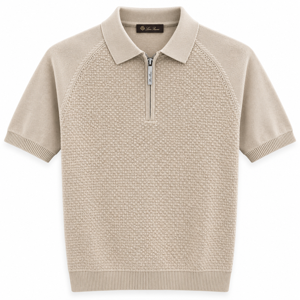 Loro Piana Textured Knit Zip Polo – Beige