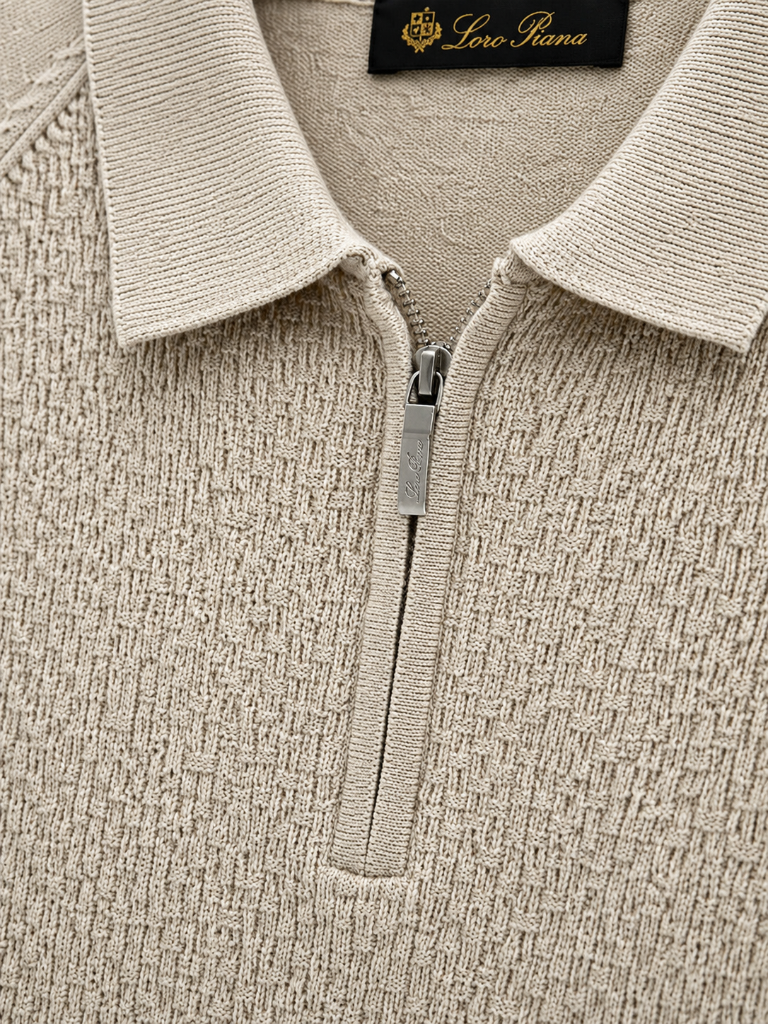 Loro Piana Textured Knit Zip Polo – Beige
