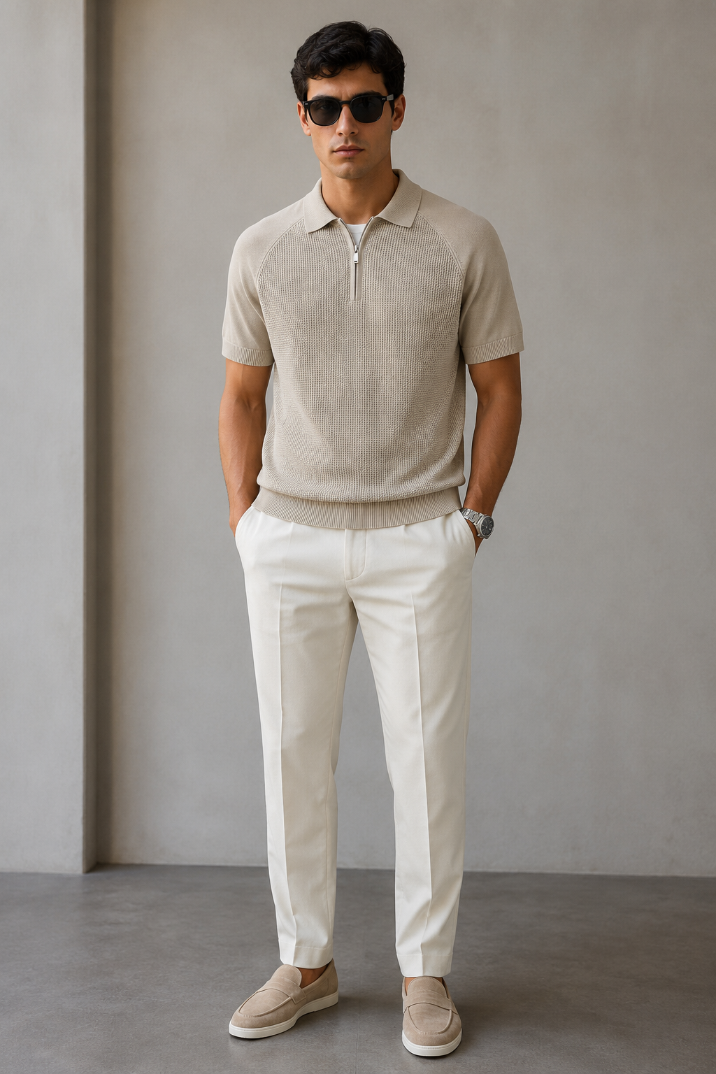 Loro Piana Textured Knit Zip Polo – Beige